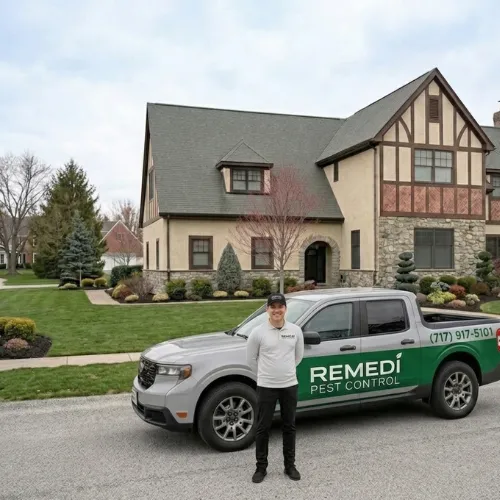 Remedi owner beside the branded service truck